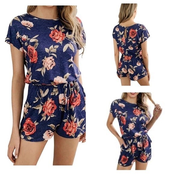 Denim blue cotton blend floral romper with pockets size medium - Picture 1 of 8